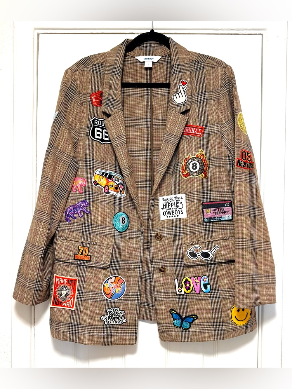 Old Navy Tan Plaid Blazer with Colorful Patchwork